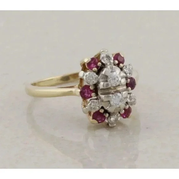 14k Yellow Gold & White Gold Natural Diamond and Ruby Ring Size 5 - Picture 5 of 9